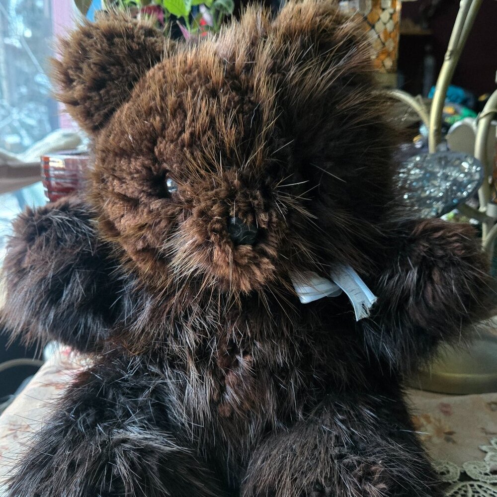 VINTAGE GENUINE MINK FUR TEDDY BEAR DISPLAYED ONLY NOT A TOY DARK BROWN BLUE BOW
